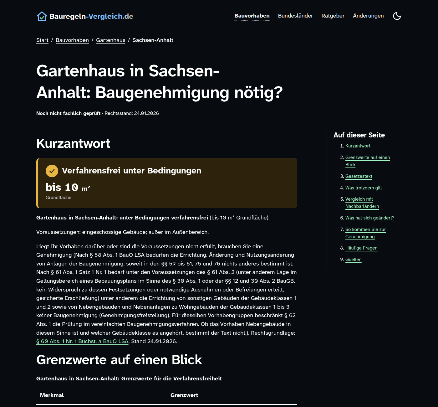 Seite „Gartenhaus in Sachsen-Anhalt“ im dunklen Modus mit Ergebniskasten „bis 10 m² Grundfläche“