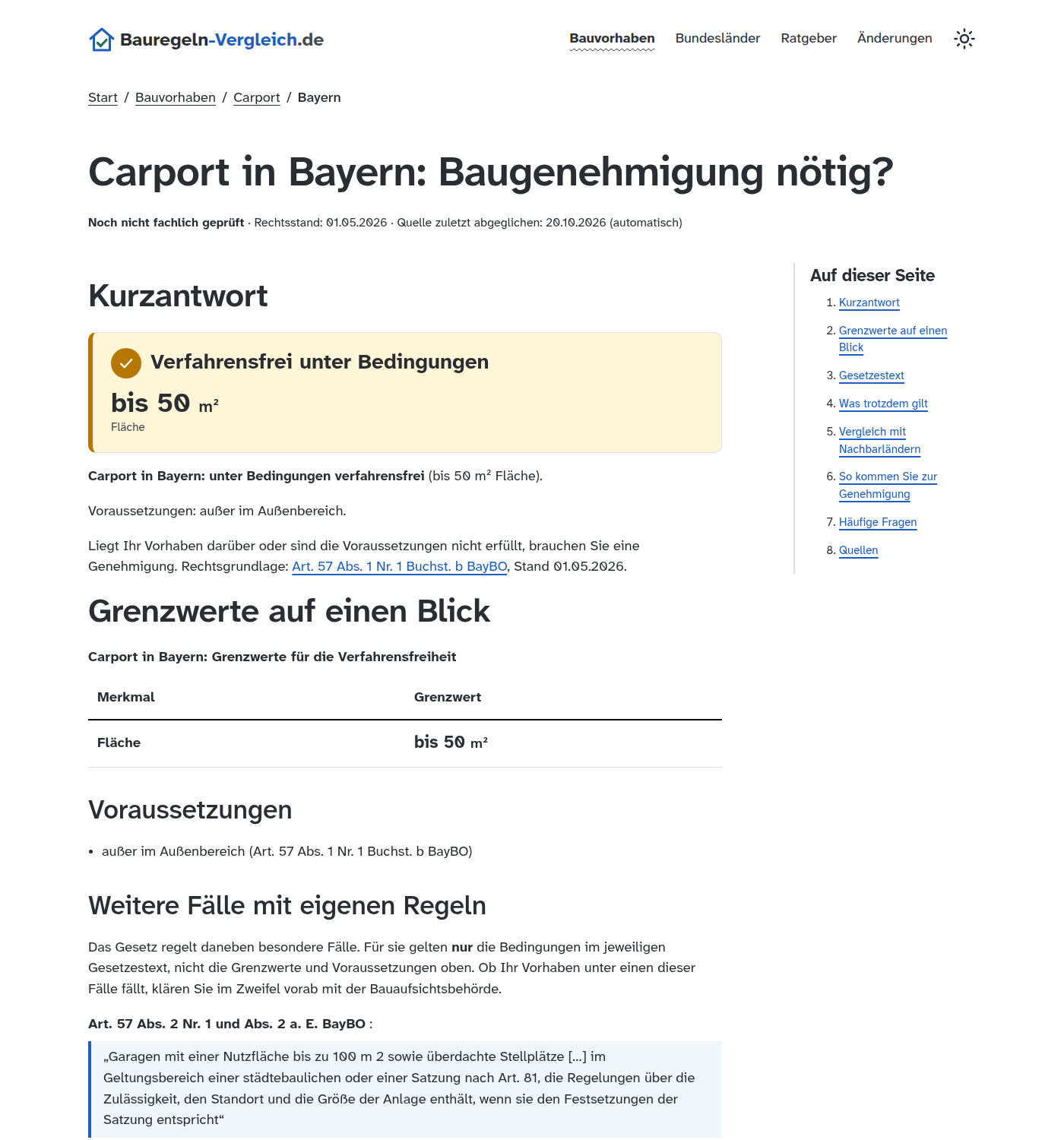 Seite „Carport in Bayern: Baugenehmigung nötig?“ mit gelbem Ergebniskasten „Verfahrensfrei unter Bedingungen, bis 50 m²“ und Inhaltsverzeichnis am Rand