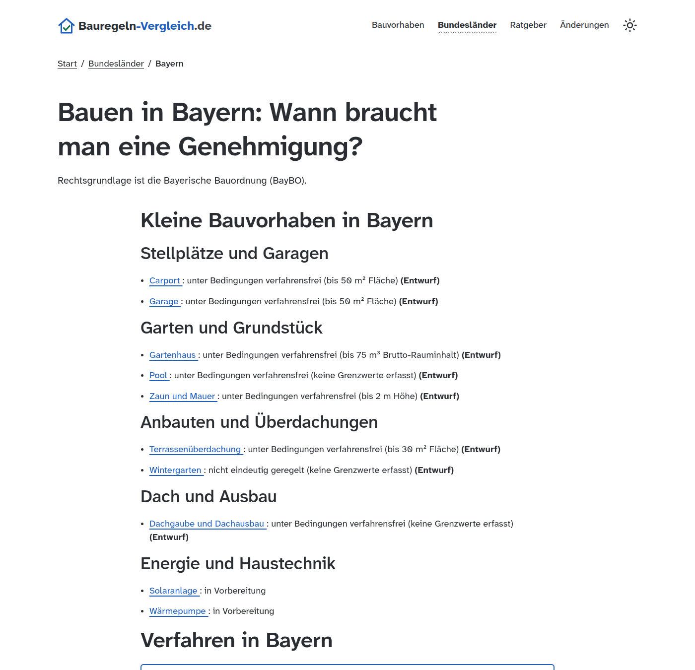 Seite „Bauen in Bayern“ mit allen Vorhaben, ihrer Einstufung und ihren Grenzwerten