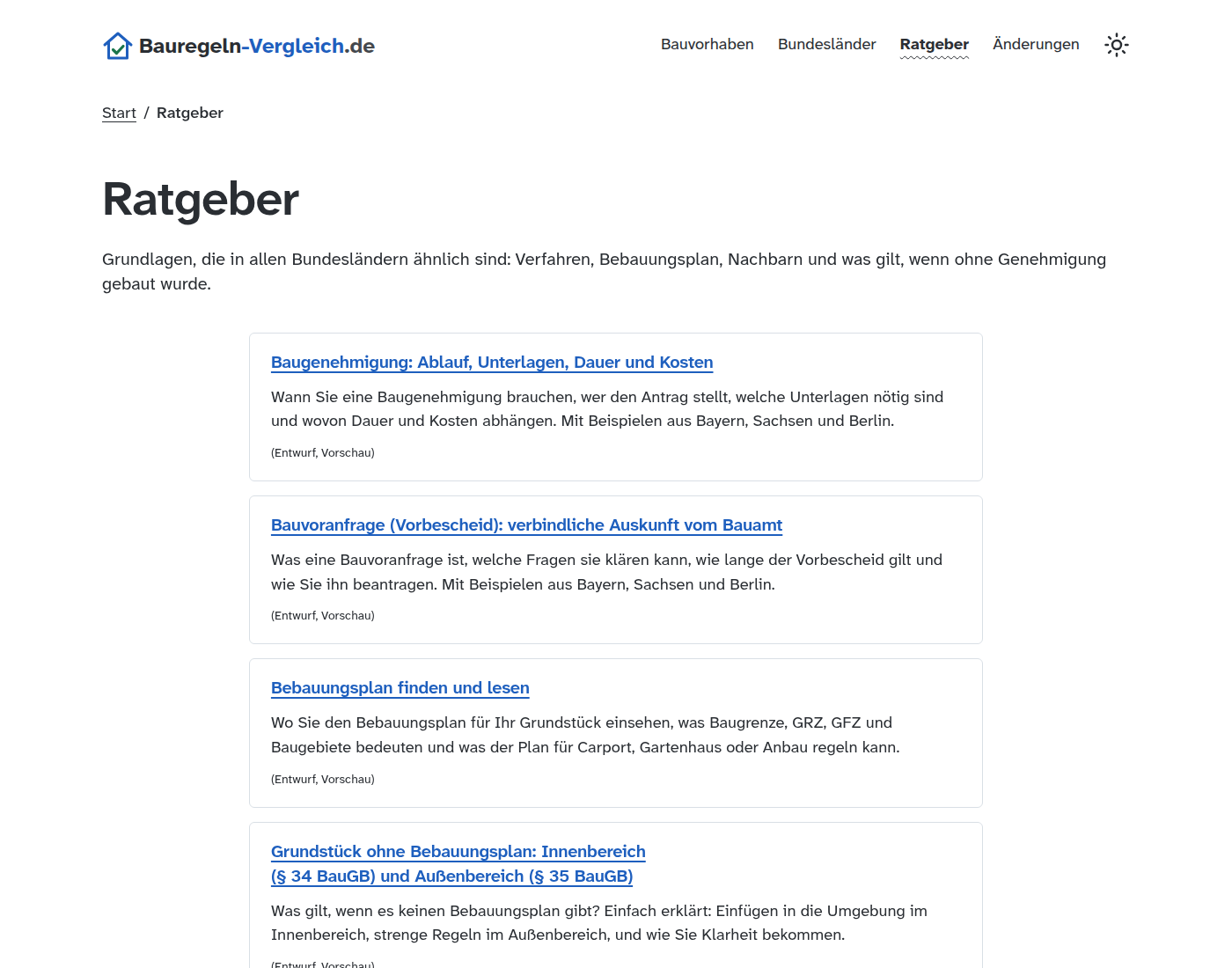 Ratgeber-Übersicht mit Artikeln zu Baugenehmigung, Bauvoranfrage und Bebauungsplan