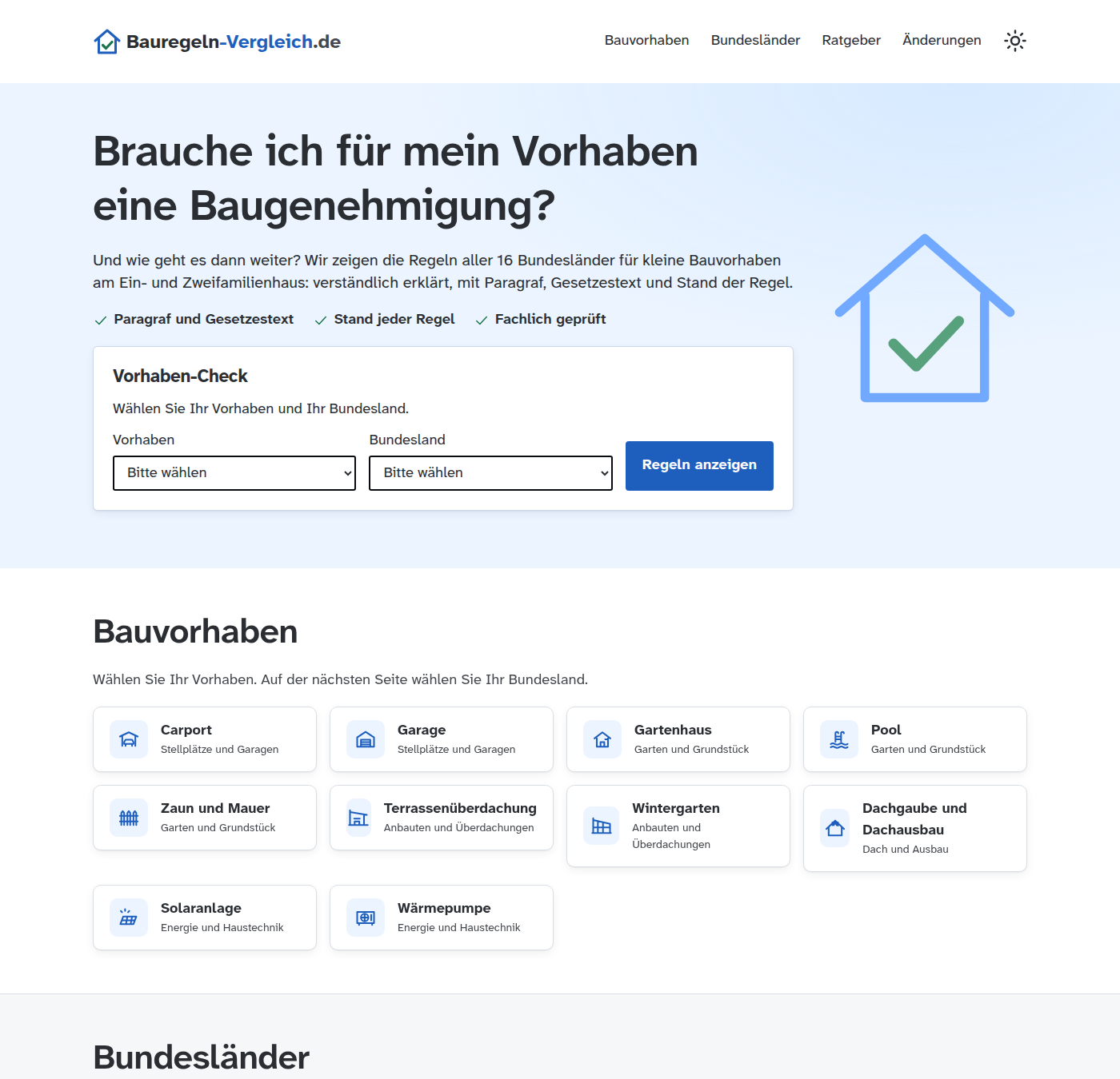 Startseite mit der Frage „Brauche ich für mein Vorhaben eine Baugenehmigung?“, dem Vorhaben-Check und Kacheln für zehn Bauvorhaben